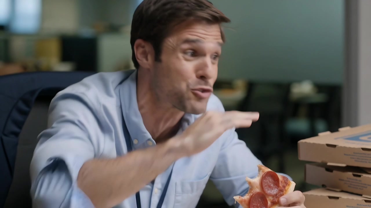 Pepperoni dilimi kaldıran, mavi gömlekli ve kimlik kartlı çalışan, pizza kutularının olduğu masada tadına bakıp beğeniyor