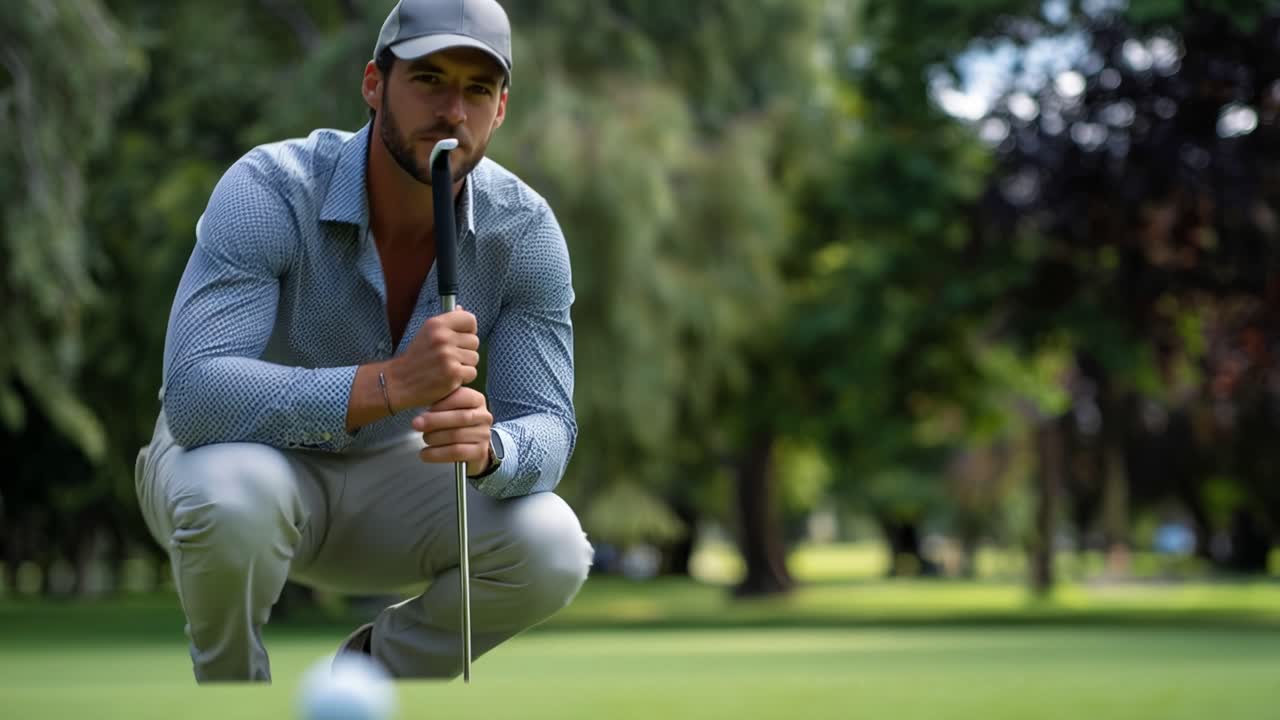 Adam çömelmiş, odaklanmış bir şekilde golf sopasını tutuyor. Hazır bir şekilde duruyor, gözleri topun üzerinde. Sakin adımlarla yeşil golf sahasında yürüyor. Güneşli golf sahası, arka planda ağaçlar. Hafif, gündelik kıyafetli atletik bir adam.