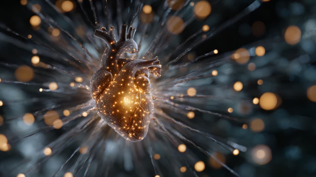 Una visualizzazione mozzafiato di un cuore circondato da particelle luminose e scintille radiose, che cattura l'essenza della vita e dell'emozione in ogni dettaglio