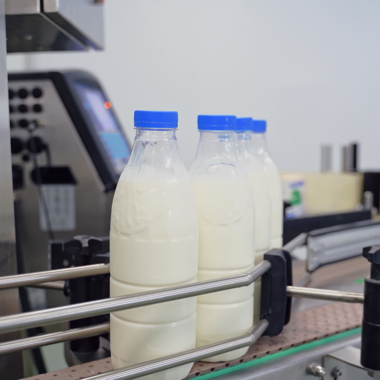 Automated company for packaging milk. Plastic bottles with fresh white milk on a conveyor belt. Modernized dairy plant.