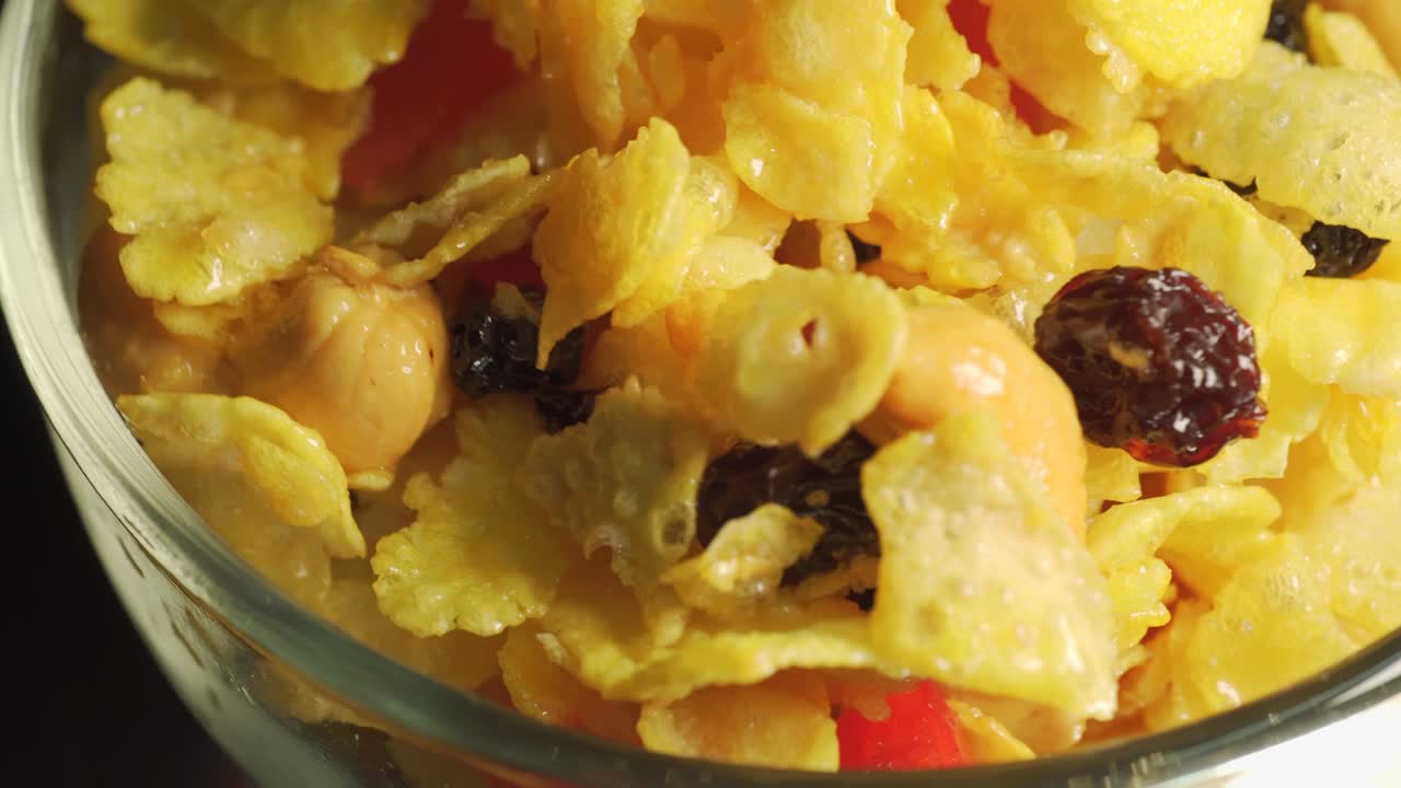 Cornflakes al caramello con ribes, ciliegie e anacardi. Menu colazione e dessert. Rotazione su piatto girevole. Scatto macro.