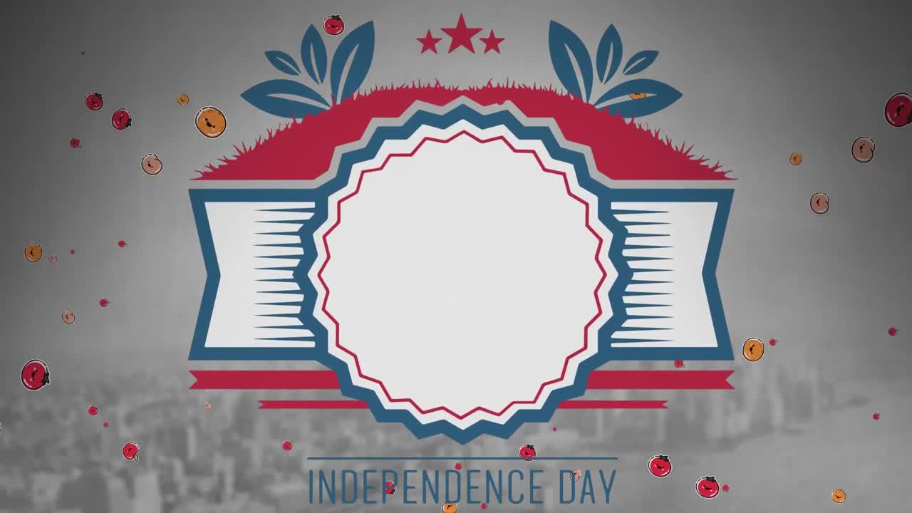 아이콘의 애니메이션, 복사 공간과 독립의 날 텍스트와 함께 도시 풍경