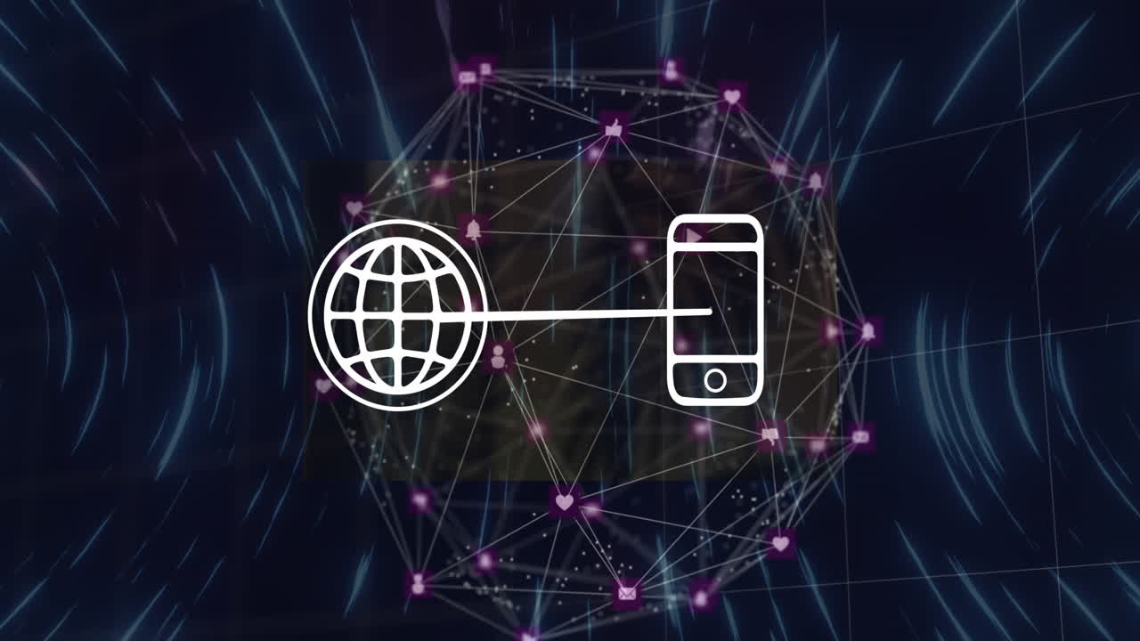 animación de iconos de globo y teléfono y iconos de redes sociales conectados que forman globo sobre senderos de luz