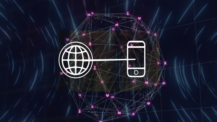 Animation af globe- og telefonikoner samt forbundne sociale medieikoner, der danner en globus over lysspor.