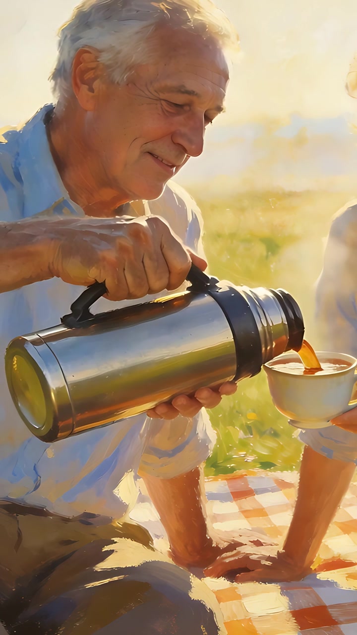 Video verticale: Uomo anziano in camicia blu che prende il thermos e versa il tè in una tazza al parco, condividendo.