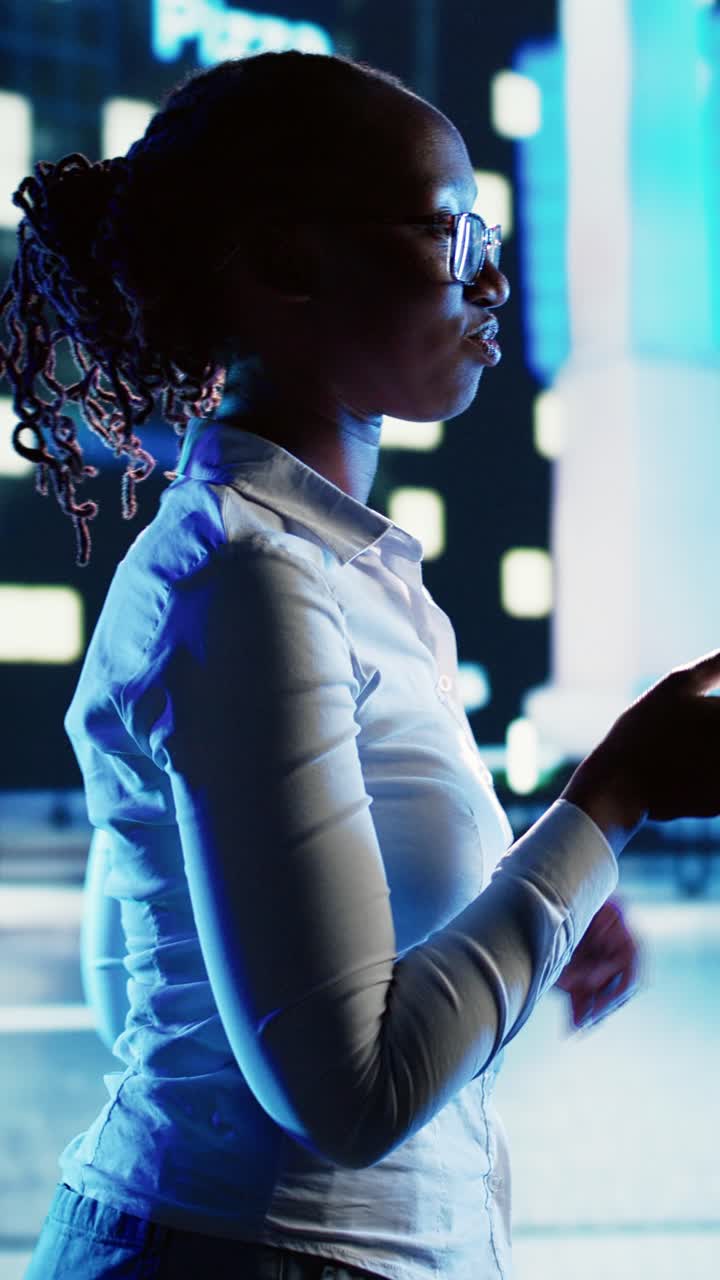 Vertical video Woman texting and walking on street