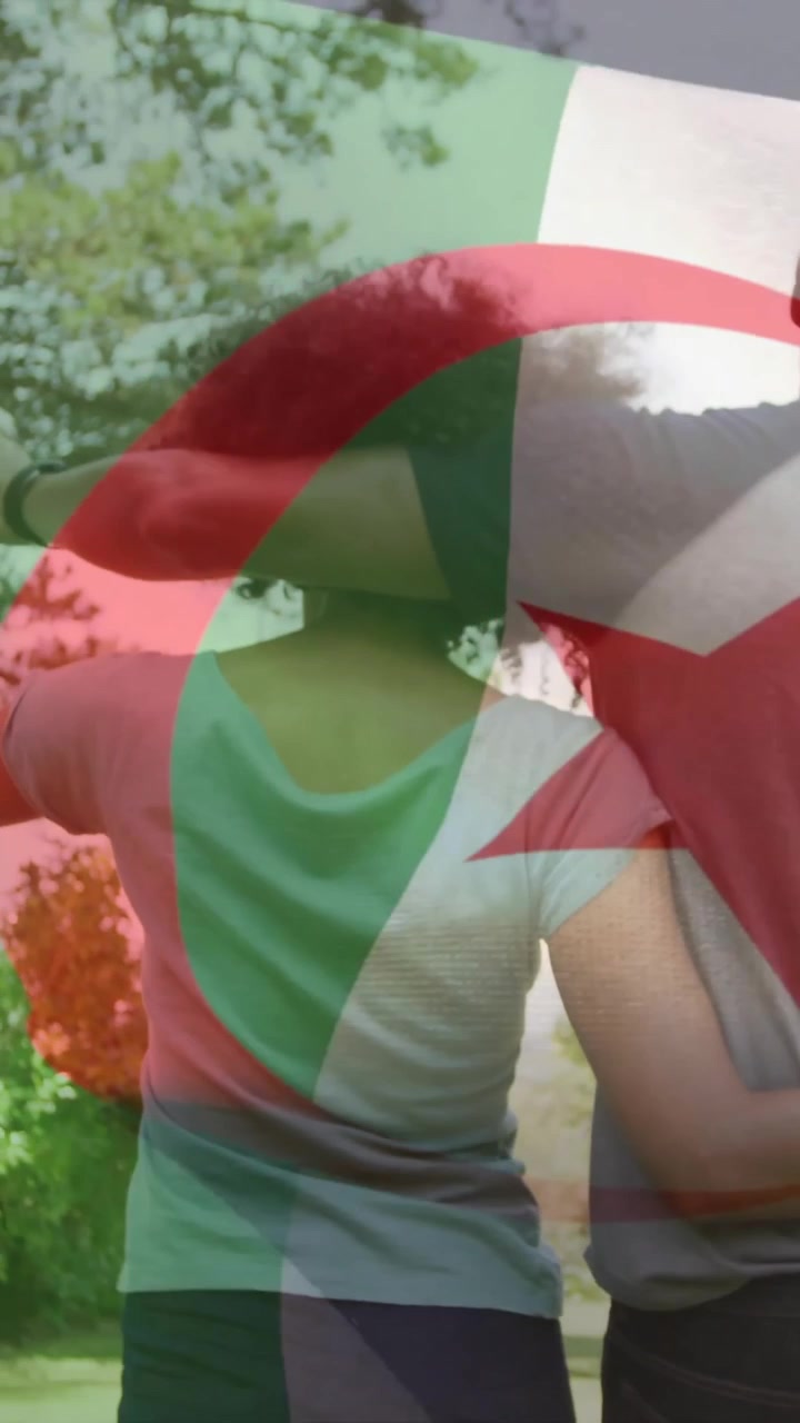 Animazione della bandiera dell'Algeria su coppia afroamericana che si abbraccia e cammina in giardino