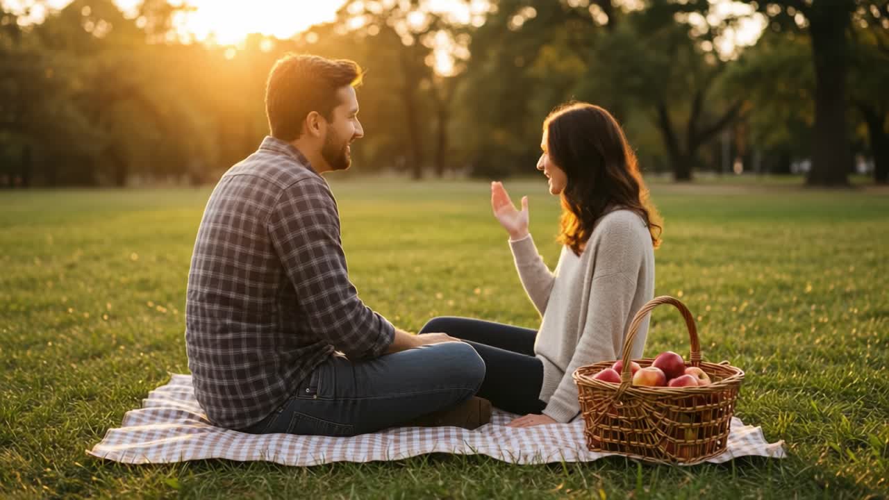 Couple enjoying a romantic picnic at sunset in a park