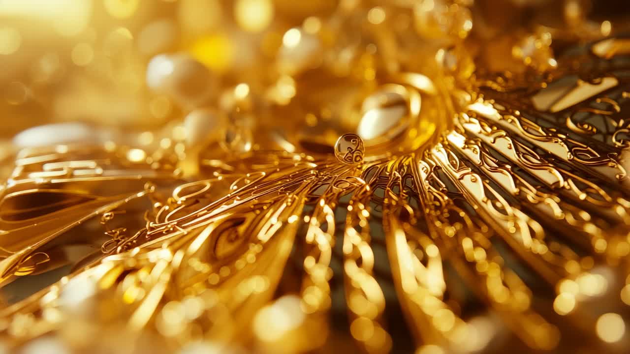 Starting with close-up, gold filigree swirl undulating and shifting to reveal engraved beads
