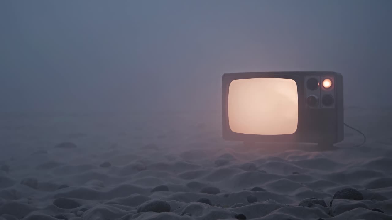 안개가 가득한 해변에서 빈티지 tv