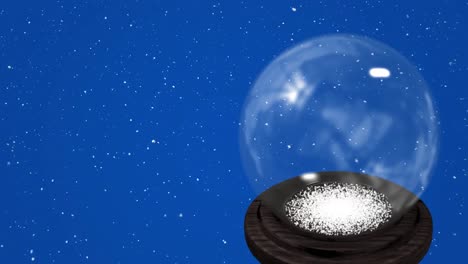 Animation-of-snow-falling-over-snow-globe-on-blue-background