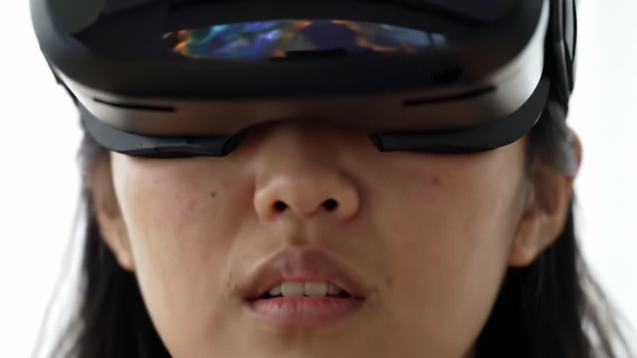 Engaging in Virtual Reality: A Close-Up Perspective of a User Immersed in the Digital Experience with a Headset Displaying Vivid Imagery