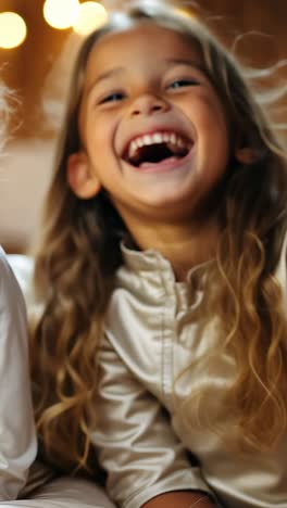 children laughing together in cozy indoor setting during winter evening