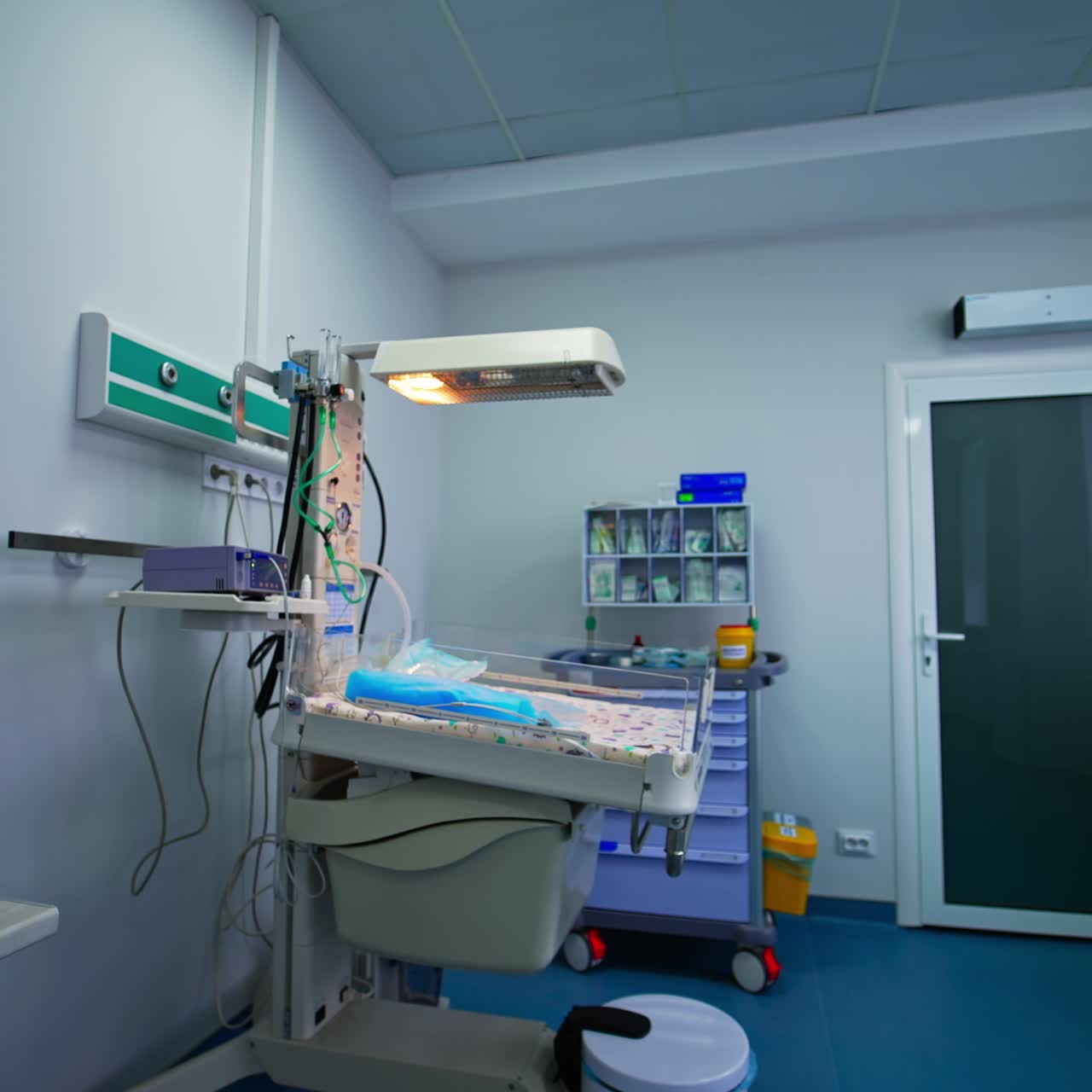 Sala de reanimación neonatal en un moderno hospital de maternidad. Cuna equipada con todos los dispositivos necesarios para la reanimación.