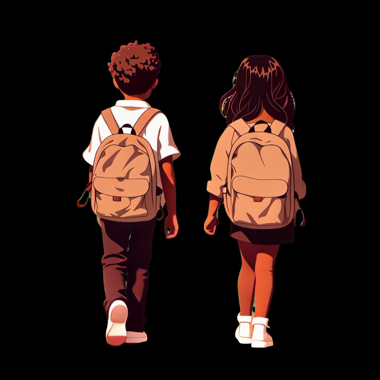 Children walking school backpacks animation isolated asset, transparent 4K video, alpha channel