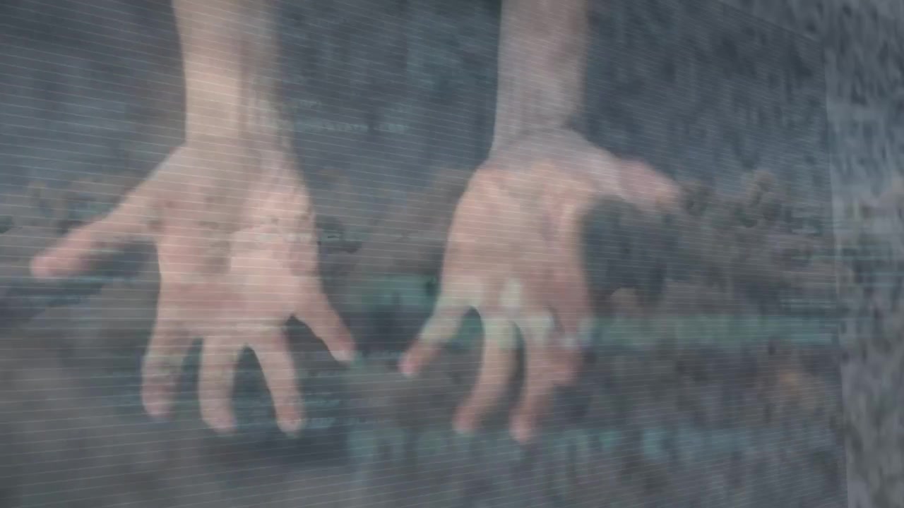 Scan flicker starting, pale hands unclasping, splaying fingers, pressing into dust, showing contact