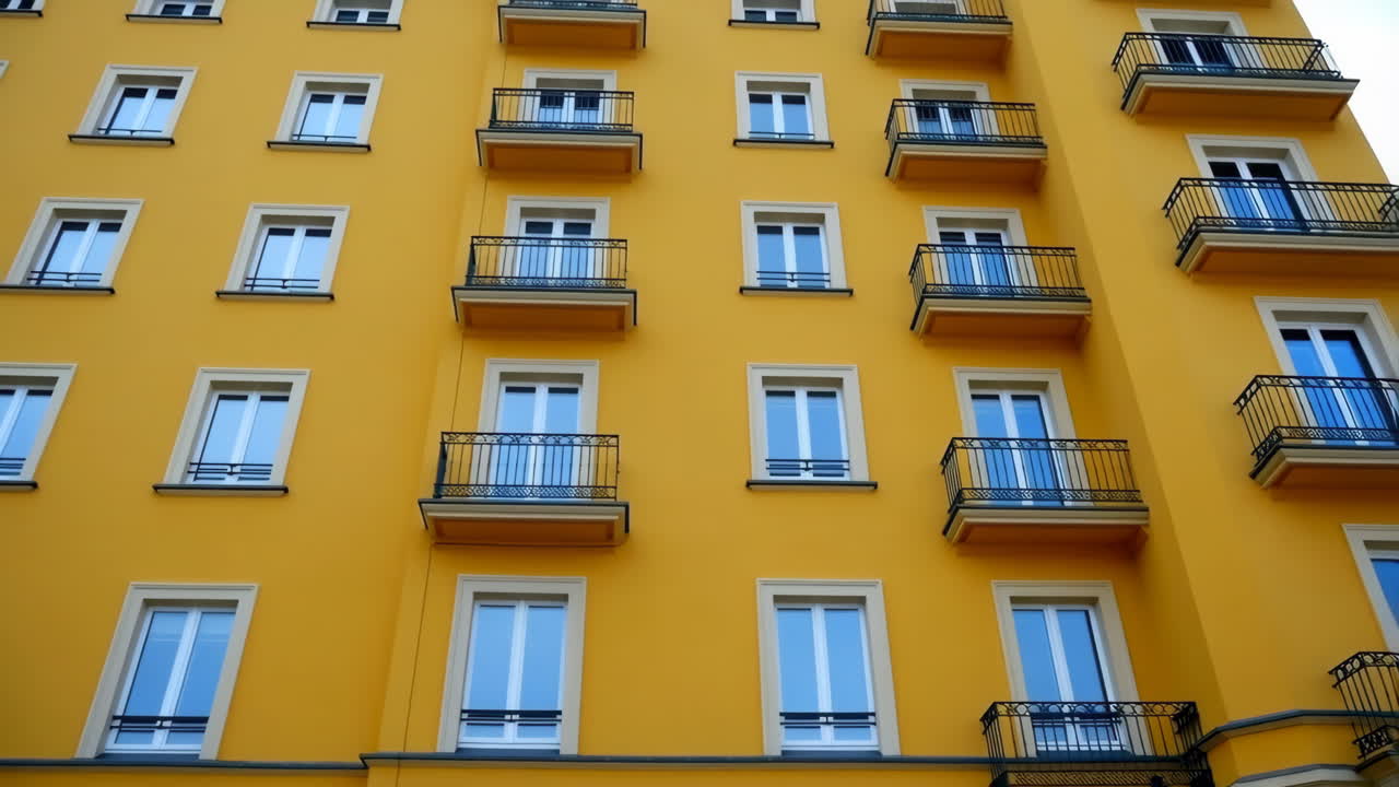 Facade of a Bright Yellow Building with Multiple Windows and Balconies