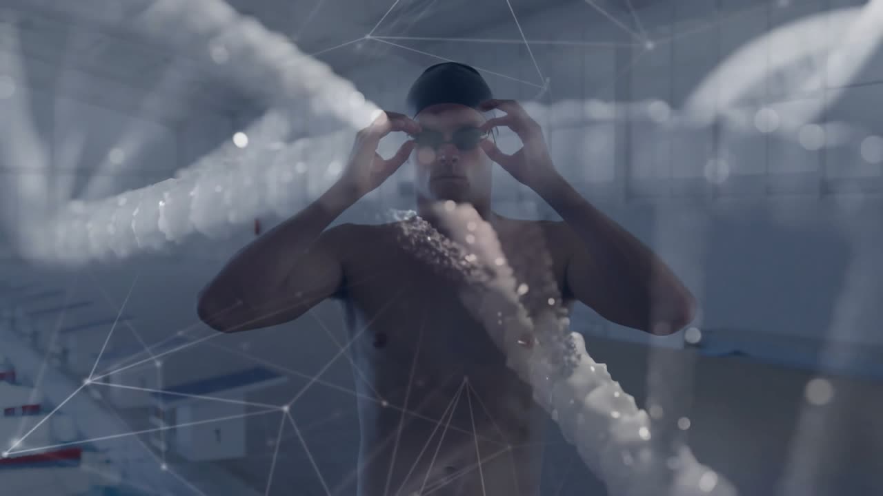Male swimmer reaching up fixing goggles in sports arena, preparing for start, DNA helix drifting