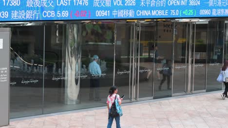 people navigate around a moving screen at exchange square, where negative stock ticker symbols are showcased, in the bustling financial district that houses the hong kong stock exchange (hkex).