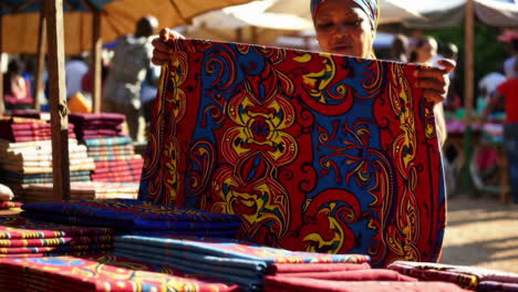 woman shopping for fabric at an african market