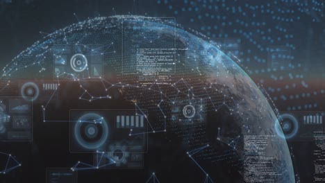 animación de escaneos, procesamiento de datos y red de conexiones sobre el planeta tierra digital