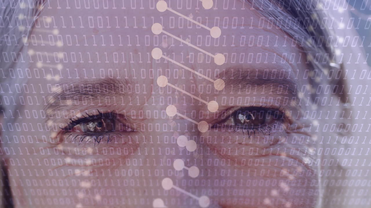 Binary code and data points animation over close-up of person eyes