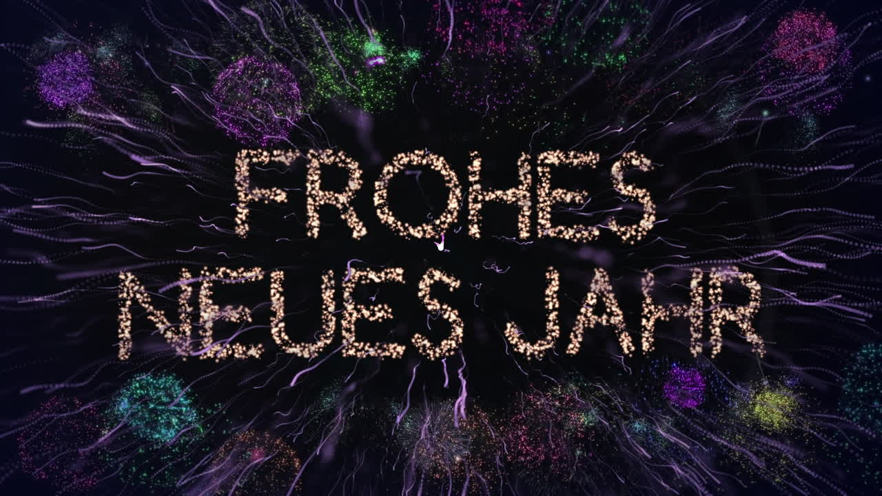 animación de texto brillante frohes neues jahr, con fuegos artificiales de colores, sobre fondo negro