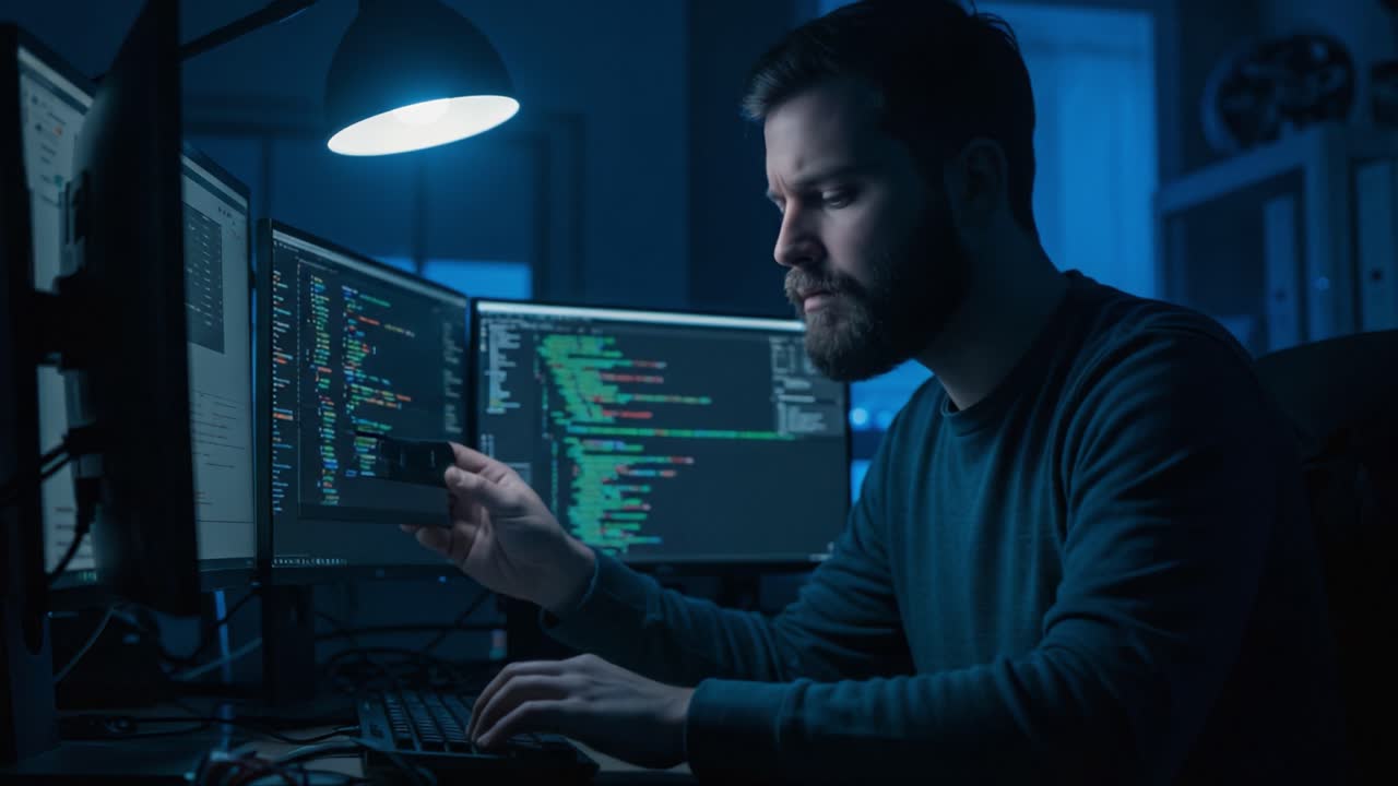 An Intense Focus on Programming: A Deep Dive into Coding and Technology with a Skilled Developer Analyzing Code at a Computer Station in a Dimly Lit Room