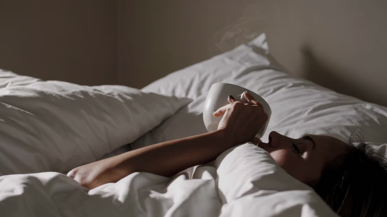 Donna che beve caffè a letto