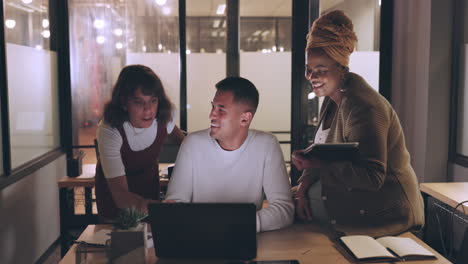 laptop, tablet and business people teamwork