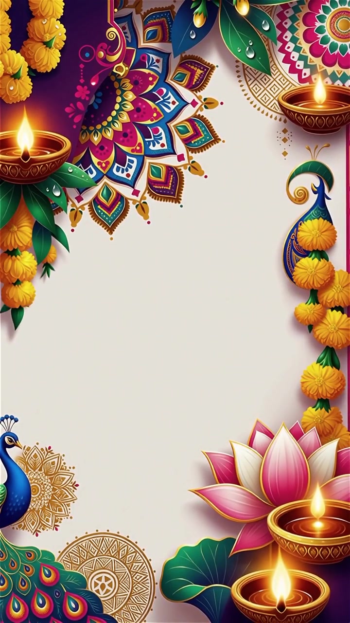 Sfondo Diwali con Diyas luminosi, Rangoli e fiori di loto