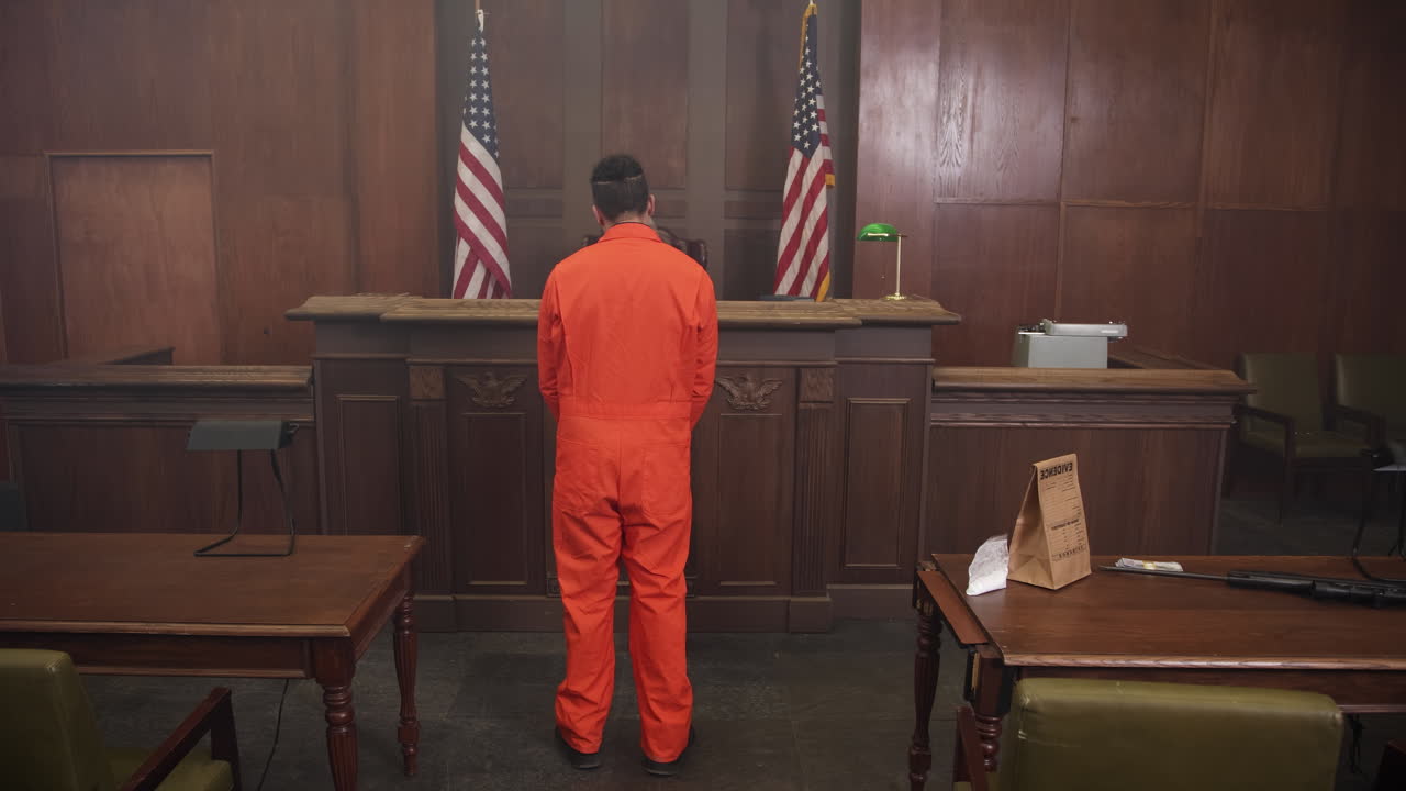 재판실에서 판사 앞에서 부끄러움으로 머리를 숙이는 죄수