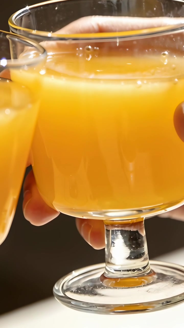 Video verticale: Entrano nell'inquadratura due calici che tintinnano sul tavolo, brindando con succo d'arancia.