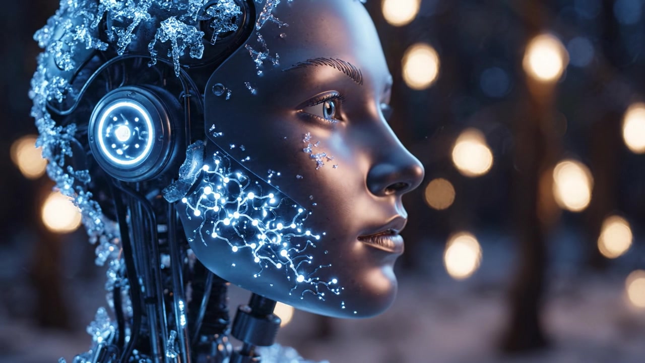 Una vista ravvicinata di un robot umanoide futuristico con circuiti intricati e caratteristiche luminose, ambientato su uno sfondo sereno di illuminazione soffusa ed elementi sfocati della foresta