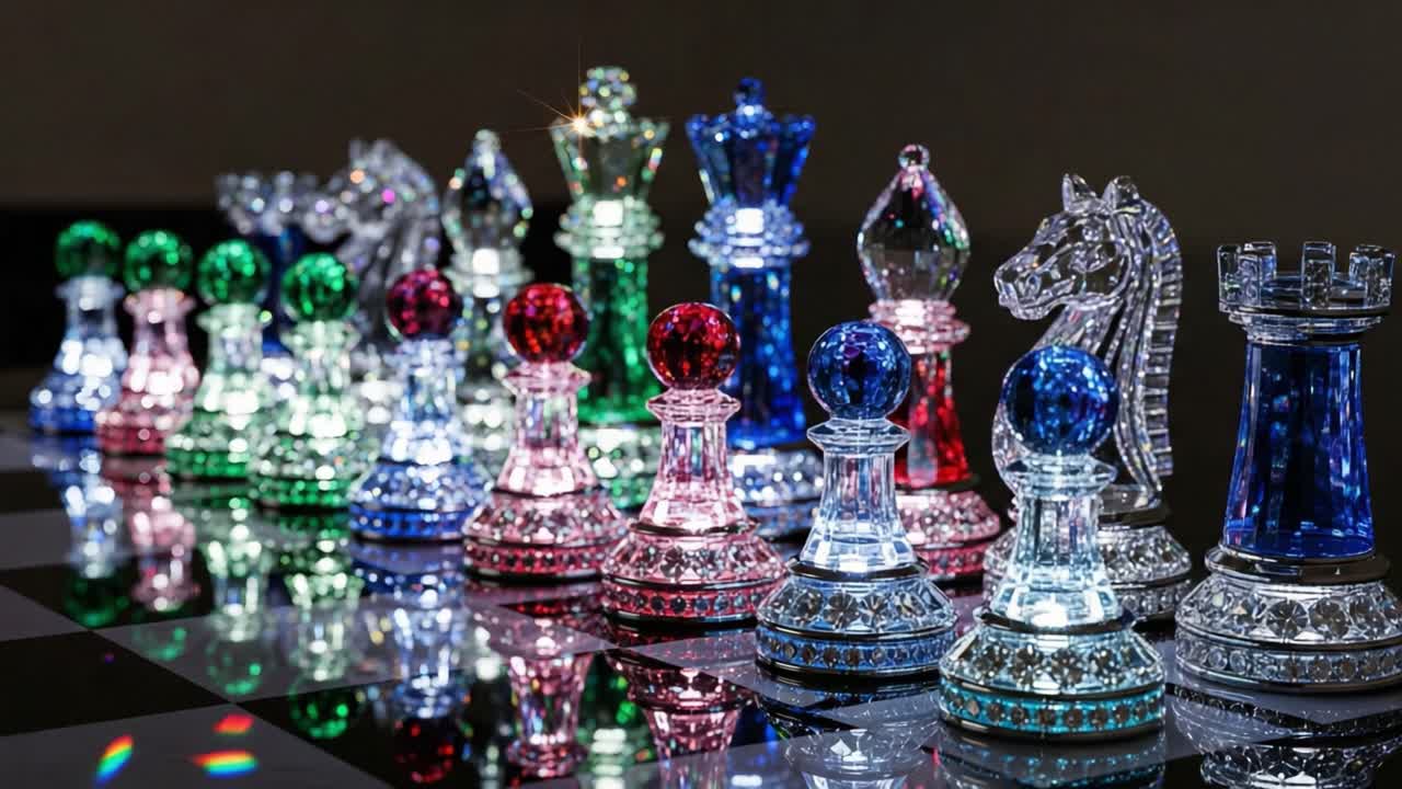 A Stunning Display of Artistic Crystal Chess Pieces Reflecting Light and Color in an Elegant Setting, Showcasing Intricate Design and Craftsmanship