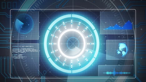 animation of data processing, globe and scope scanning