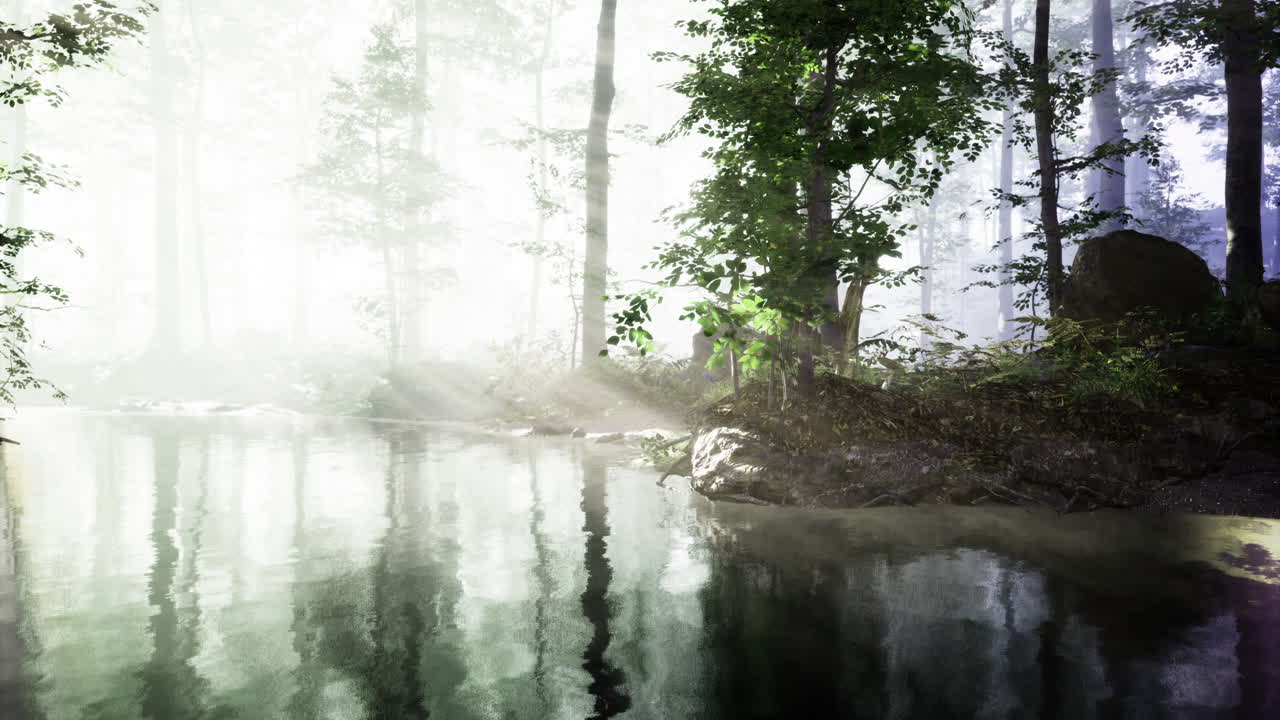 Sunlight filters through trees reflecting on a calm river in the forest
