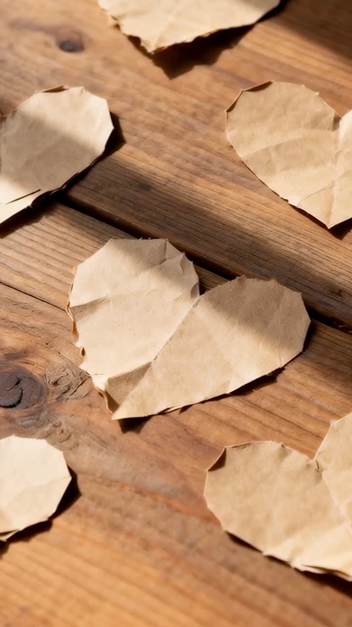 Vertical video: Shifting light showing creases on central kraft heart on wood table, nearby hearts