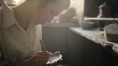 focused artist drawing ornament in workshop. woman making decor on clay plate