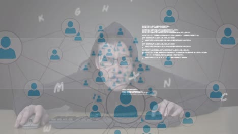 animación de redes de conexiones con letras sobre el hombre escribiendo en el teclado