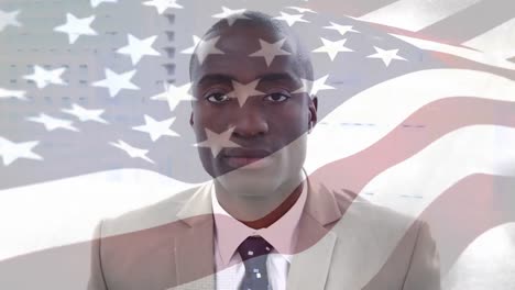 animation of flag of usa over african american man