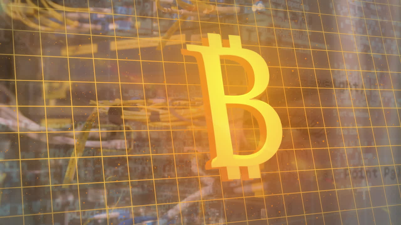 비트코인 아이콘 위의 데이터 처리 애니메이션