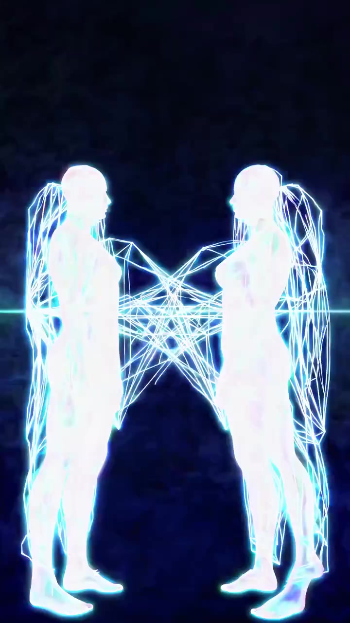 Two Digital Human Silhouettes Connecting Through Glowing Energy Lines