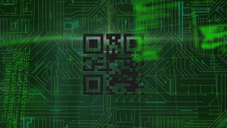 неоновый код qr против обработки данных и микропроцессорных соединений на черном фоне