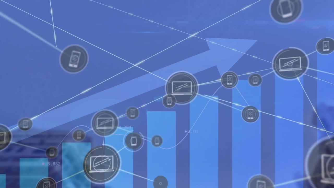 도시 풍경에 대한 다이어그램을 가진 연결 네트워크와 아이콘의 애니메이션