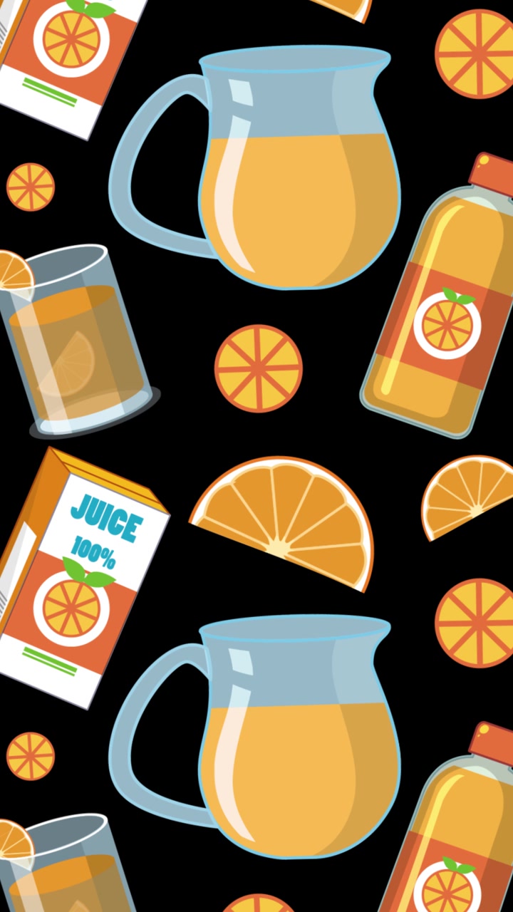 Un'animazione colorata di elementi di succo d'arancia che si trasformano su sfondi vari, creando un'esperienza visiva vivace e rinfrescante