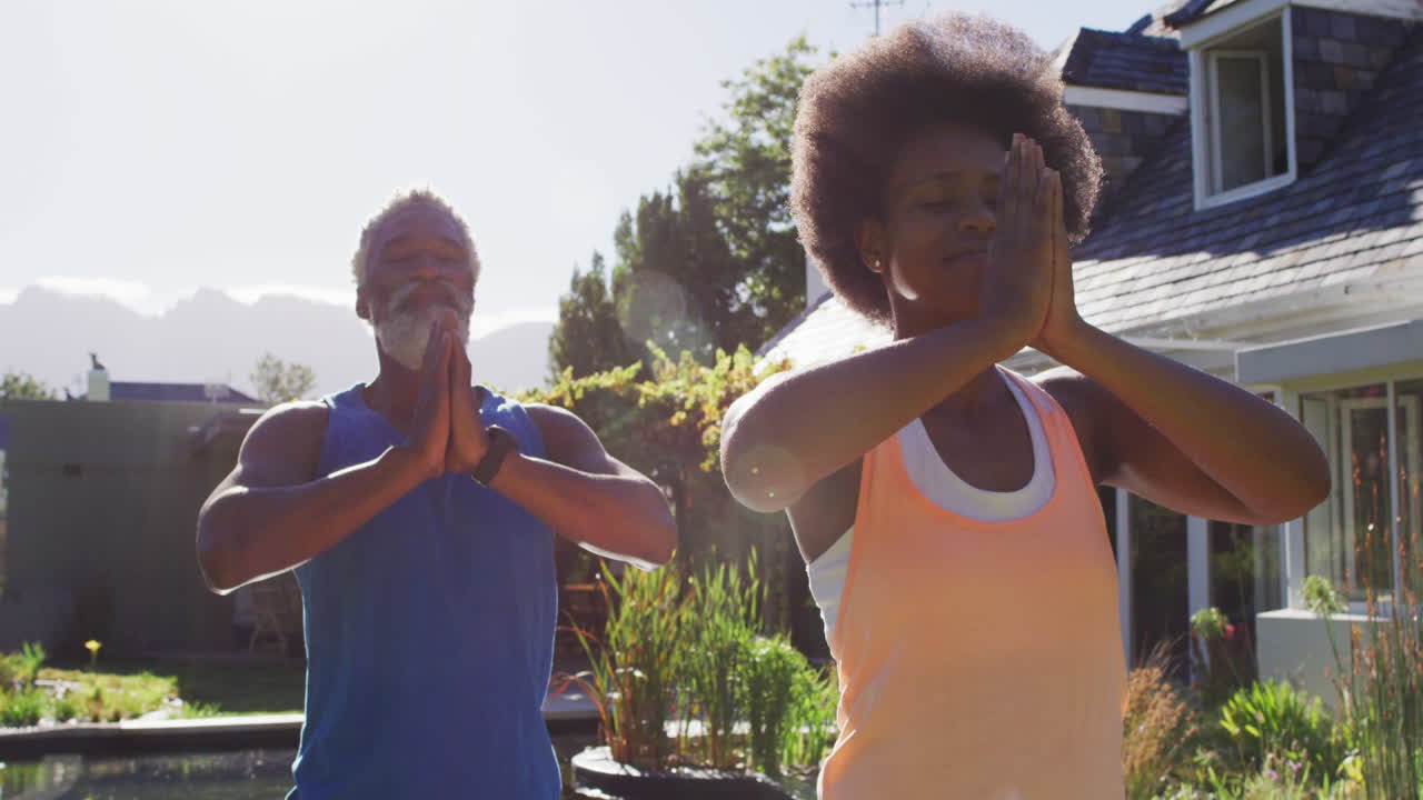 Couple de seniors afro-américains pratiquant le yoga, méditant debout dans un jardin ensoleillé.