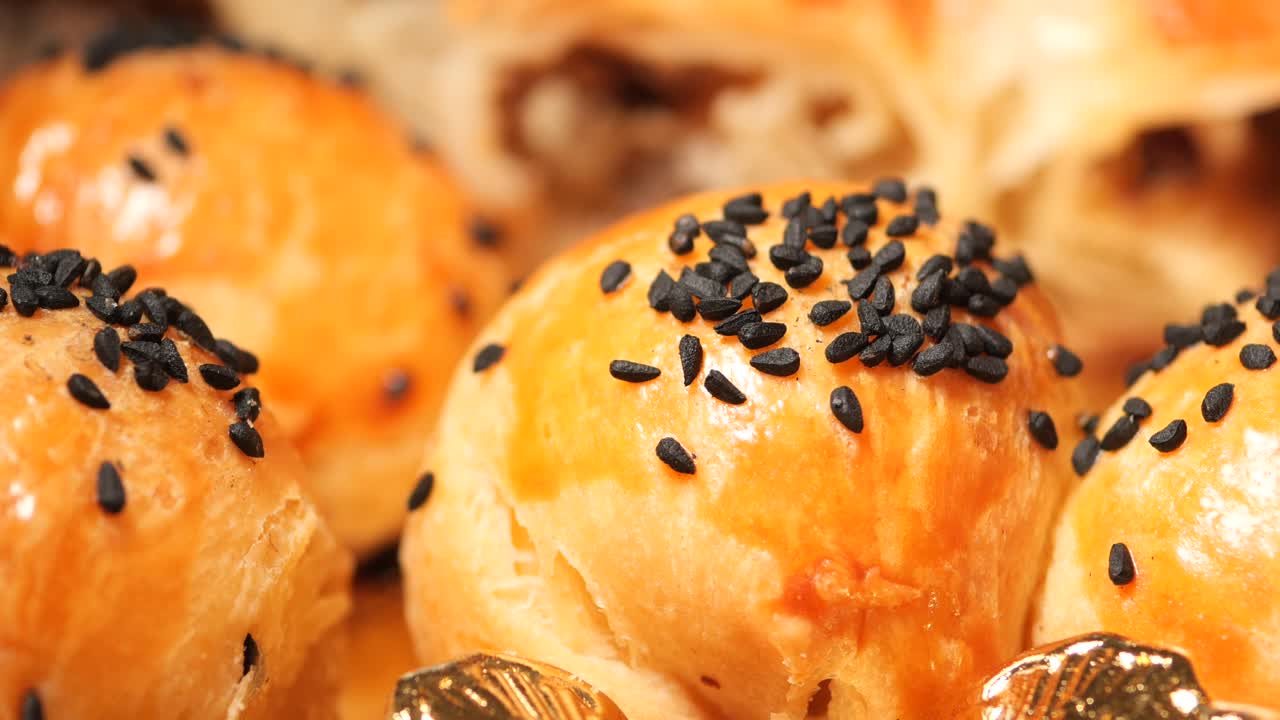 Close-up of Turkish pastries with sesame seeds