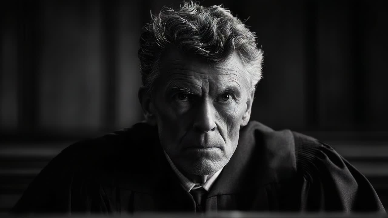A somber and intense courtroom atmosphere is captured in these frames, showcasing the resolute demeanor of a judge contemplating a critical decision amidst a backdrop of justice and duty