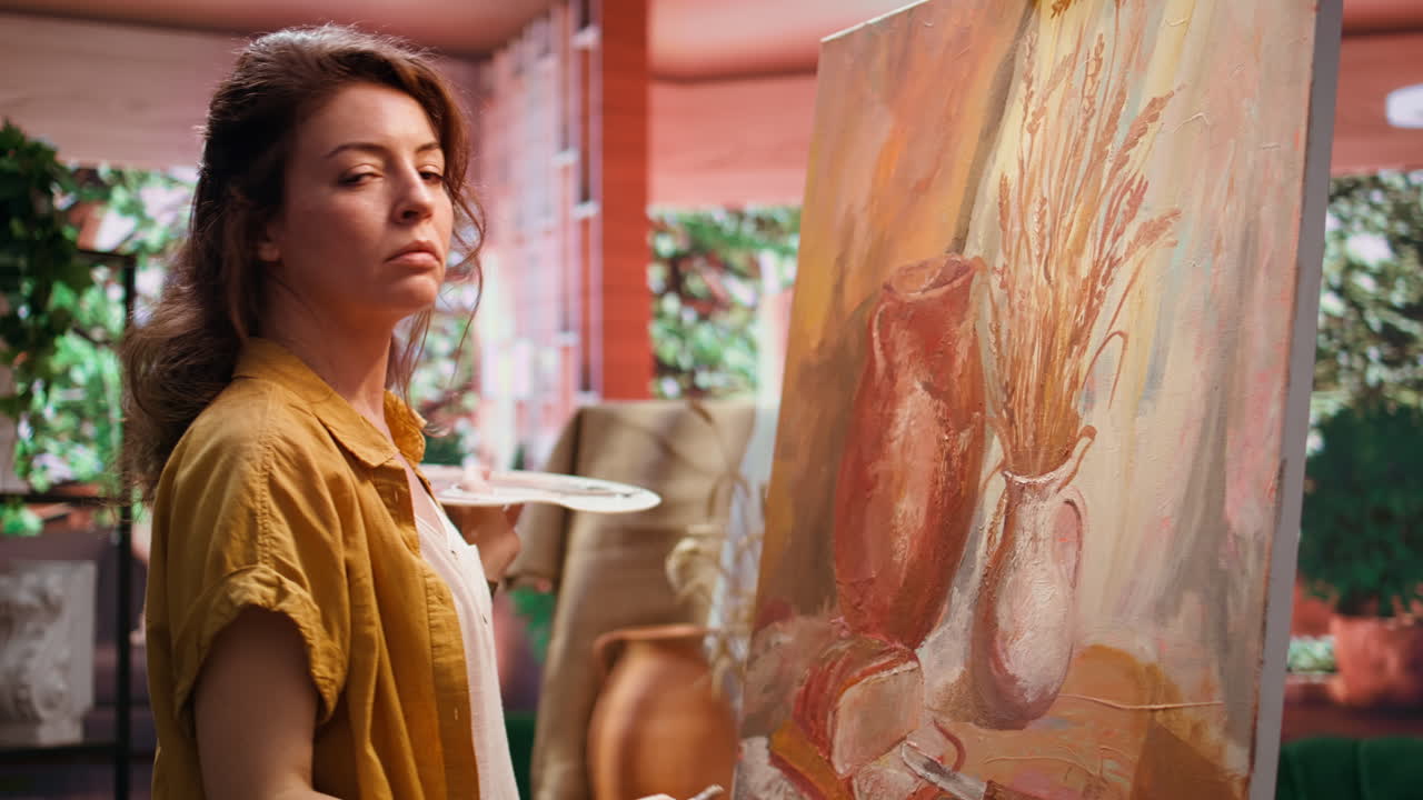 Woman painting a still life on canvas